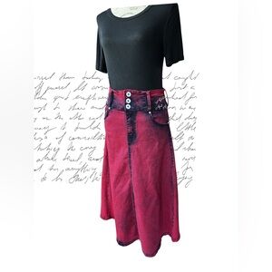 High-Rise Washed Red A-Line Midi Skirt